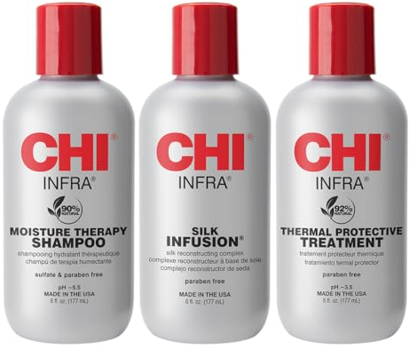 CHI Haarpflege-Set: 3-teiliges Geschenkset mit Infra-Shampoo, Infrarotbehandlung und Silk Infusion, jeweils 177 ml, für alle Haartypen, chemikalienfrei, frischer Duft, 531 ml Gesamtgewicht