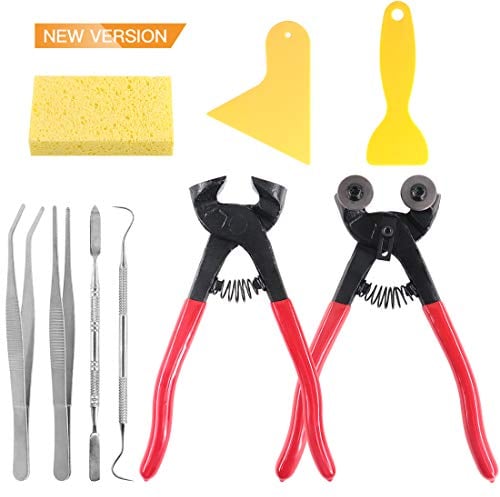Keadic, set di 9 utensili per mosaico, tra cui raschietti, pinzette, doppio gancio, spatola, spugna, tronchesine per piastrelle in vetro e pinze con punte in carburo