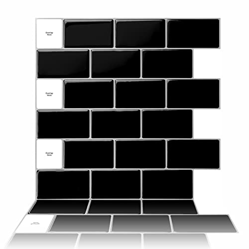 Art3dwallpanels 10 Blätter,Fliesenaufkleber Küche Bad,Metro Fliesen PVC, 3d Klebefliesen,30,5 x 30,5 cm, Schwarz