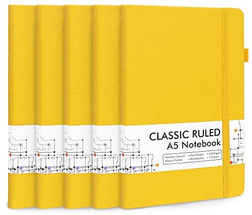 feela Notizbuch A5 liniert Hardcover, 5 Notizbücher Set, Journal Buch mit 3 Gelstifte schwarz, 120 GSM, 13x21cm, Notizblock Set geeignet für Büro, Schule, für Kinder und Erwachsene, Din A5, Gelb