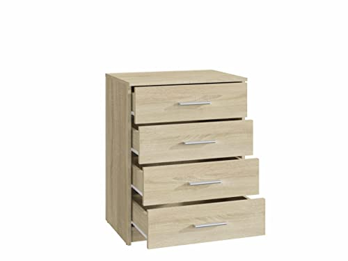 MATKAM Schubladen-Kommode Bodo 4S in moderner Optik, B60 x H75 x T35 cm, laminierte Möbelplatte, mit Rückwand, 4Schubfächer, Jede mit länglichem Griff zum Aufmachen (Sonoma Eiche)