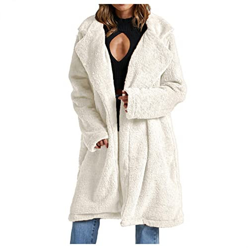 Cappotto in pile da donna, lungo, invernale, elegante, tinta unita, per autunno e inverno, in pile, parka da montagna, in velluto caldo, per attività all'aria aperta, lungo trench, bianco, XL