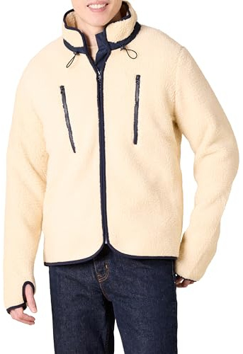 Amazon Essentials Giacca con Cerniera Integrale, Collo a Lupetto e Tasche sul Petto in Pile Teddy Uomo, Beige, M