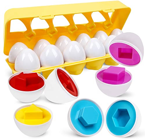 NAODONGLI Montessori Geometric Eggs,12 pcs Set Color & Shape Egg Puzzle Toys Matching Eggs for Toddlers,Preschool Educational Sorting Game Fine Motor Toy Easter Gifts for Kids Boys Girls