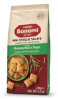 Forno Bonomi, Mini Sfoglie Rosmarino e Pepe. Snack pronti da gustare per una pausa o per un aperitivo sfizioso con gli amici. Confezione da 150 grammi.