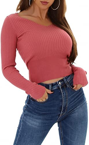 Jela London Damen Feinstrick Pullover V-Ausschnitt Streifen gerippt, Lachsrosa