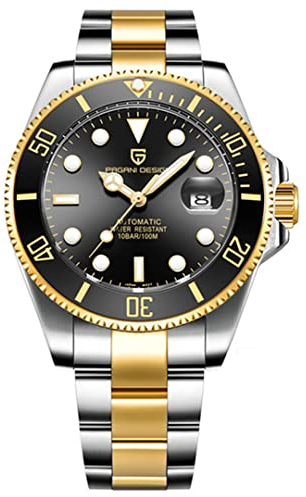 Pagani Design Luxus Herrenuhr - Automatisches mechanisches Japanisches Uhrwerk Wasserdicht 100M Tauchen Herrenuhr Saphirglas Edelstahl Business(Goldschwarz)