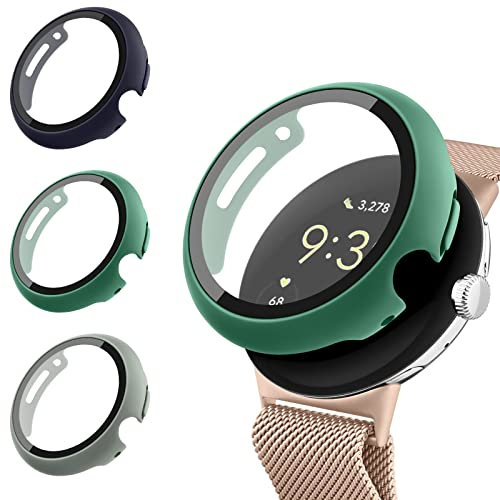 [Confezione da 3] Custodie per Google Pixel Watch/Pixel Watch 2, pellicola protettiva in vetro temperato HD, copertura completa dello schermo, copertura completa dello schermo (blu, grigio, verde)