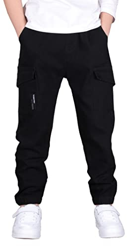 CAMLAKEE Pantaloni per Bambini, Pantaloni Cargo Joggers con Elastico in Vita, Nero, 13-14 Anni