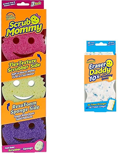 Scrub Daddy Scrub Mommy Assorted 3 Pack, Dual Sided Cleaning Sponges, Washing Up, Kitchen & Eraser Daddy 10x, Magic Sponge Erasers, Strong & Durable Melamine Wall Cleaner
