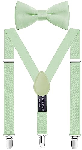 ZXEROYM Hosenträger und Fliege für Jungen und Herren, elastisch, verstellbar, Salbeigrün, 47 (adult)