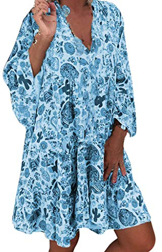 Sommerkleid Damen Knielang Elegant Boho Blumenkleid Sommerkleid Strandkleider Midi Kurz Sommer Tunika Kleider Leicht Knielang Blusenkleid Mode Freizeitkleider Tunikakleid Luftige Carmen Stufenkleid