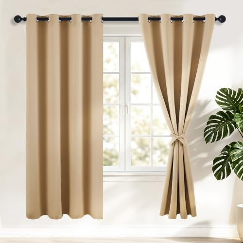 Hiasan Rideau Occultant avec Embrasses, 140 x 200 cm (L x H) Beige | Thermique Isolant Anti Froid et Chaleur, Pour Chambre Salon Anti Bruit à œillets, 2 Pieces