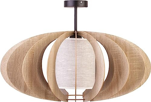 Deckenleuchte Esstisch TARIRO Holz Eiche Beige Stoff dekoratives Licht E27 Ø44cm runde Deckenlampe Wohnzimmer