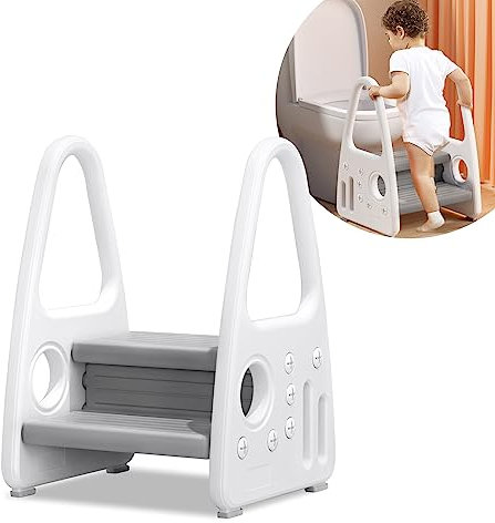 JOIEYOU Tritthocker Kinder 2 Stufen, Kinderhocker mit Handhaben, Kinderzimmer Möbel, Grau