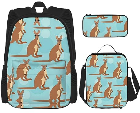 MDATT Lustiger Rucksack mit Leopardenmuster für Mädchen, Büchertaschen, Schule mit Lunchbox und Federmäppchen, 3-in-1-Schultaschen-Set, Lustig für Känguru-Zoo, Einheitsgröße