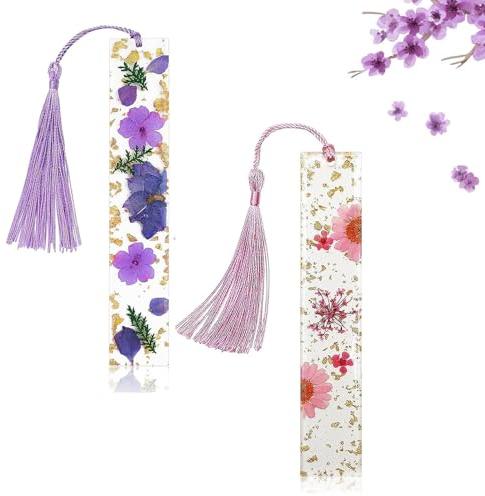 2 Stück Getrocknete Blumen Harz Lesezeichen,Bookmark,Lesezeichen MäDchen,Lesezeichen Personalisiert,Transparent Geprägtes Lesezeichen Handgemachte Blume Marker Quaste Nettes Lesezeichen(Rosa+Lila)