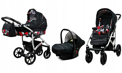 BabyLux® Bambimo Kinderwagen Set 3 in 1 - Largo - incl. Babywanne, Buggy Sportsitz, Auto-Babyschale - Autositz - Kinderwagenset - Kombikinderwagen mit Wickeltasche, Regenschutz usw.