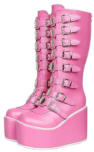 Parisuit Womens Goth Knee High Buckle Boots Wedge Platform Combat Boots Punk Back Zipper Boots -pink size 8.5