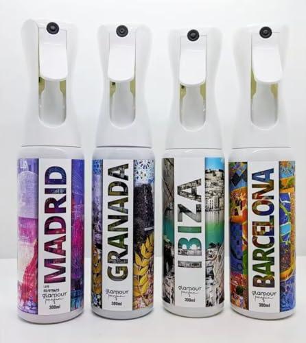 GLAMOUR PARFUM - Pack 4 Ambientadores de Hogar - Fragancia Madrid, Granada, Ibiza y Barcelona - 4 x 300 ml - Pack I Love Spain - Ambientadores Textiles en Spray - Reutilizable