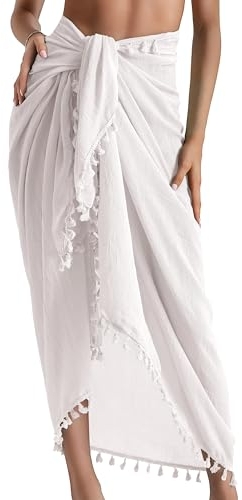 AVAYUU Damen Sarong Pareo Strand Wickelrock Lang Strandkleid Tücher Sexy Bikini Vertuschen Sommer Badeanzug Cover up Strandtuch Vertuschung Wrap TapisserieWickeltuch mit Quaste Weiß
