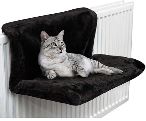 Spark Trade Convenient Radiator Cat Bed: Easy Setup, Luxurious Faux Fur Cover, Machine Washable, Strong Metal Frame, Collapsible Design for Storage - Hanging Cat Mat Pet Cats Resting (Black)