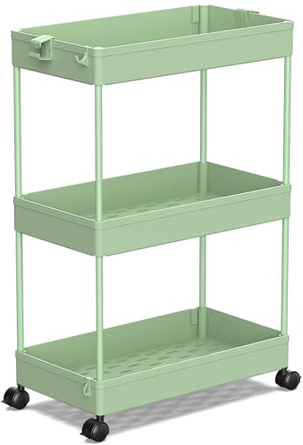 SPACEKEEPER Rollbarer Aufbewahrungswagen, 3 Etagen, Badezimmer-Organizer, Waschküchen-Organizer, Mehrzweckwagen, mobiles Regal, multifunktionale Regale für Büro, Küche, Bad, Grün