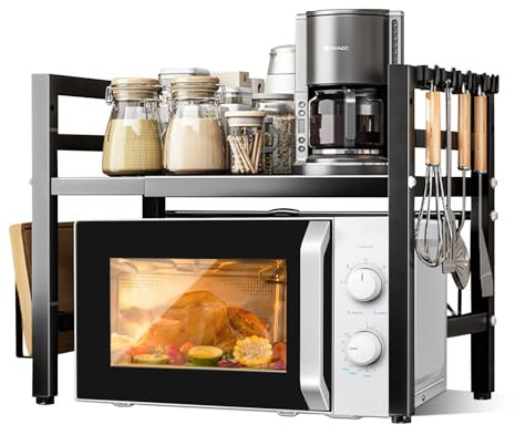 UCAMP Verstellbares Mikrowellenregal,Erweiterbares Mikrowellen Regal,2 Stufig Mikrowellenhalter aus Kohlenstoffstahl,für Räumen Sie die Küche auf, mit 1 Schneidebrettständer Und 6 Haken (Schwarz)