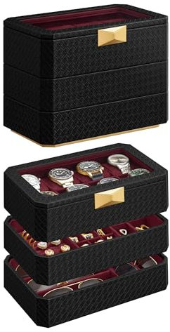 SONGMICS HOME Collection RONNE – Boîte à montres à 3 niveaux, empilable, 8 emplacements, cuir synthétique tissé gaufré, effet flottant, idée cadeau, surface noire encre, doublure rouge vin UJWB021R01