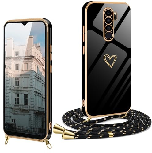 XCYYOO Funda para Redmi Note 8 Pro con Cuerda Antigolpes Carcasa para Redmi Note 8 Pro con Correa Colgante Ajustable Collar de Cuello Fundas con Cordón Silicona Cover de Corazón con Oro de Lujo Case