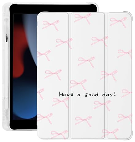 Süße Kawaii-Hülle mit pinker Schleife für iPad 7. / 8. / 9. Gen 10,2 Zoll (25,9 cm) 2019/2020/2021, mit Stifthalter, Schlaf-/Aufwachfunktion, Leder-Soft-TPU-Rückseite
