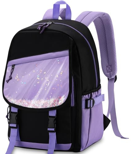 VASCHY School Bag for Girls, Cute Elementary Backpack Bookbag for Primary Schooler Kids with Sparkling Sequin Clear Pocket Black Purple