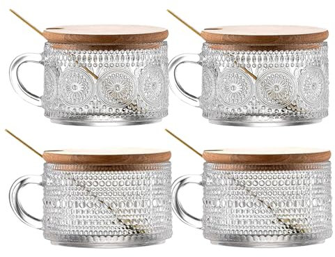 Hniuyun 4Pcs Vintage Coffee Mugs, 400Ml Glass Tea Cups with lids and Spoons, Clear Embossed Glass Cups for Cappuccino, Latte, Cereal, Yogurt, Milk, Christmas Thanksgiving Gifts
