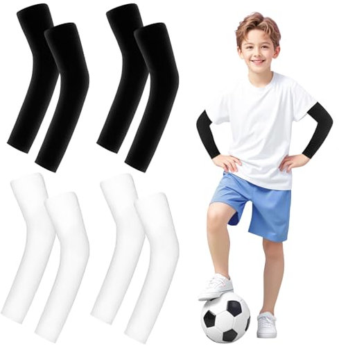 Leikedun 4 Paar UV-Schutz Armlinge Kinder 4-12 Jahre, Kinder Sleeve Arm, Kompressions Armschoner für Volleyball, Gaming & Sport - Atmungsaktive Kühlärmel mit UPF50+ (Schwarz+Weiß)