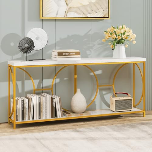 COSTWAY Table Console Industriel 180 cm, Console Meuble 2 Étagères, Cadre Métallique Robuste, Plateau Épaissi, Motif Géométrique, 180 x 30 x 80 cm(Blanc)