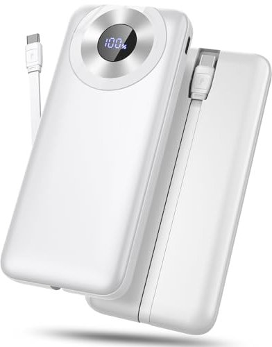 Bateria Portatil 10000mAh, Power Bank con Cable USB-C Integrado, Bateria Externa Carga Rapida 5V/3A Pantalla LED con 4 Salidas y 2 Entradas Cargador portatil para iPhone Samsung Huawei Xiaomi