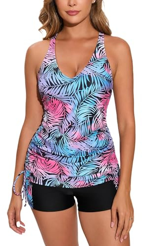 Halcurt Zweiteiliger Tankini-Badeanzug für Damen, Bauchkontrolle, verstellbarer Kordelzug, Badeanzug und kurze Hose mit Tasche, Blaue Blätter, XX-Large