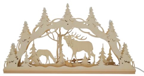 Erzwelt - Lichterbogen ELB – Motiv Reh und Hirsch im Wald | 32 x 56 x 5 cm – Schwibbogen aus Holz – Leuchtbogen mit 7 Kerzen – Original Erzgebirge Fensterbogen – Weihnachtsdeko