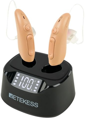 Retekess TE201 Amplificateur de Son pour Seniors, Design Invisible, Affichage Numérique, Amplificateur de Son Rechargeable, Suppression du Bruit, Aide à écouter de la Musique et Regarder la Télévision