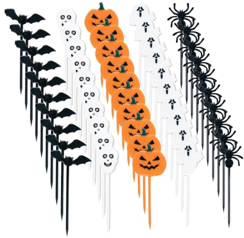 50 Piezas Halloween Cupcake Toppers, Toppers de Plástico en Forma de Calabaza, Fantasma, Murciélago, Cráneo y Araña, para Halloween, Pasteles, Bocadillos, Frutas