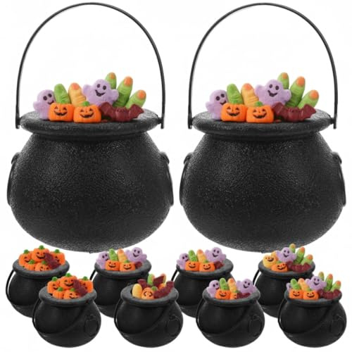 ULTECHNOVO 10pcs Halloween Mini Witch Cauldron, 5x7cm Halloween Black Plastic Cauldron Pot Candy Bucket Holder with Handle for Trick or Treat Party Decorations Supplies