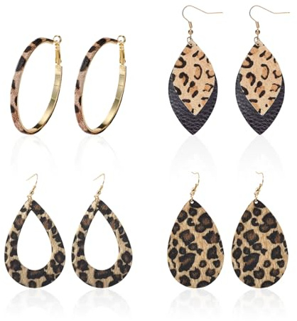 4 Paar Leo Print Ohrringe Damen, Boho Leopardenmuster Statement Ohrschmuck, Vintage Animal Print Hängende Ohrringe für Frauen,Ideale Leichten und Eleganten ohrringe Passen zu Fans von Leopardprint