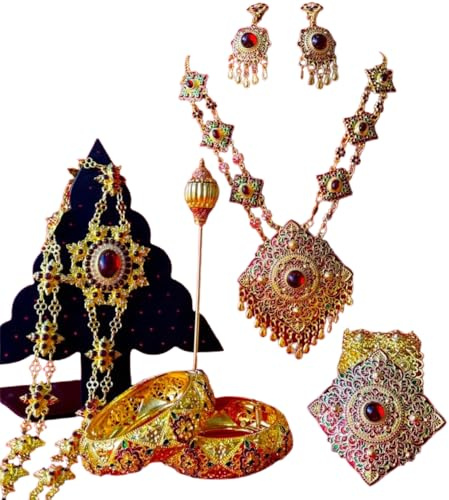 Thai Traditional Jewelry Set for Women – Necklace, Earrings, Belt, Bangles & Hair Pin | Classic Lanna Style Costume Accessories Gold Red Tone