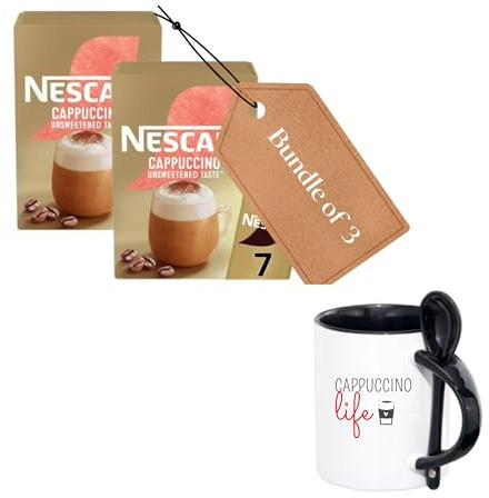 2 x 7 Unsweetened Cappuccino Instant Coffee Sachets with Ceramic “Cappuccino Life” Mug & Stirrers – Barista-Style Frothy Coffee Gift Set for Home, Office & Coffee Lovers