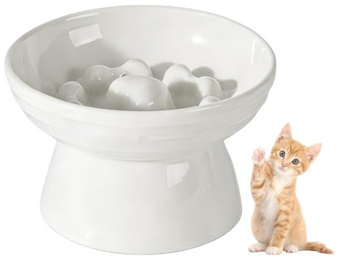 Anti Schling Napf Katze Erhöht, Slow Feeder Nassfutter 200ML, Keramik Katze Slow Feeder, Slow Feeder Katzen Nassfutter, Antischlingnapf Katzen für Nassfutter und Trockenfutter, Weiß(13.5*10.5*8.5CM)
