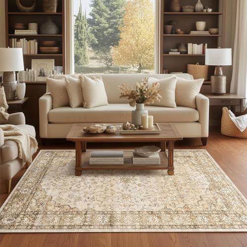Topfinel Vintage Teppich 140x200cm Beige Boho Orientalischer Kurzflor Teppich Waschbar rutschfest Weicher Kinderzimmer Teppiche für Schlafzimmer Esszimmer Büro Wohnzimmer Groß Carpet