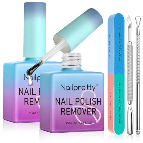 2 Pièces 15ml Dissolvant Vernis Semi Permanent, kit Ongle Dissolvant Vernis, 2 Grattoir à Cuticules et Lime à Ongles, 3-5 minutes Enlever Rapide des Gel Nail Polish, Pour les amateurs de manucure
