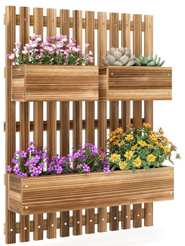 Outsunny Hochbeet Massivholz, Pflanzbeet Frühbeet Gartenbeet mit verstellbarem Blumenkasten, Wand, Pflanzkasten Pflanzkübel 60x16x80cm für Terrasse, Balkon, Gartenspalier für Blumen Pflanzen Verkohlt