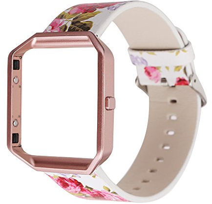 Gimartuk Echtes Lederband für Armbanduhr, Armband mit Blumenmuster, Armband Für Fitbit Blaze mit Stahlrahmen, damen, Flower+Rose Gold Frame, Small / Large