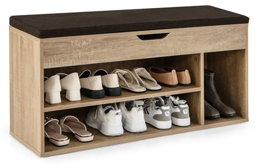 COSTWAY Banc à Chaussures Rembourré, 3 Compartiments & Rangement Caché, Étagère à Chaussure en Bois, Meuble de Rangement pour Salon, Entrée, Chambre, Charge 150 kg, 30 x 104 x 48 cm (Naturel)